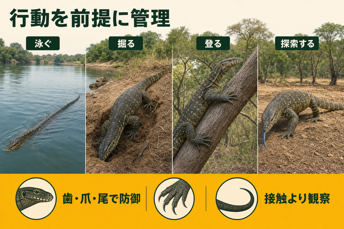 ナイルオオトカゲの泳ぐ・掘る・登る・探索する行動と歯・爪・尾による防御を示すIMAGE2図解
