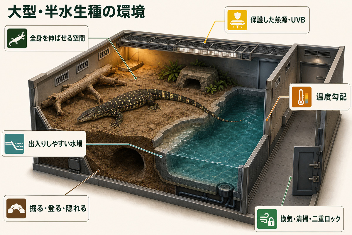 ナイルオオトカゲの専用環境に全身を伸ばせる空間、水場、温度勾配、保護熱源とUVB、行動設備、二重ロックを統合するIMAGE2図解