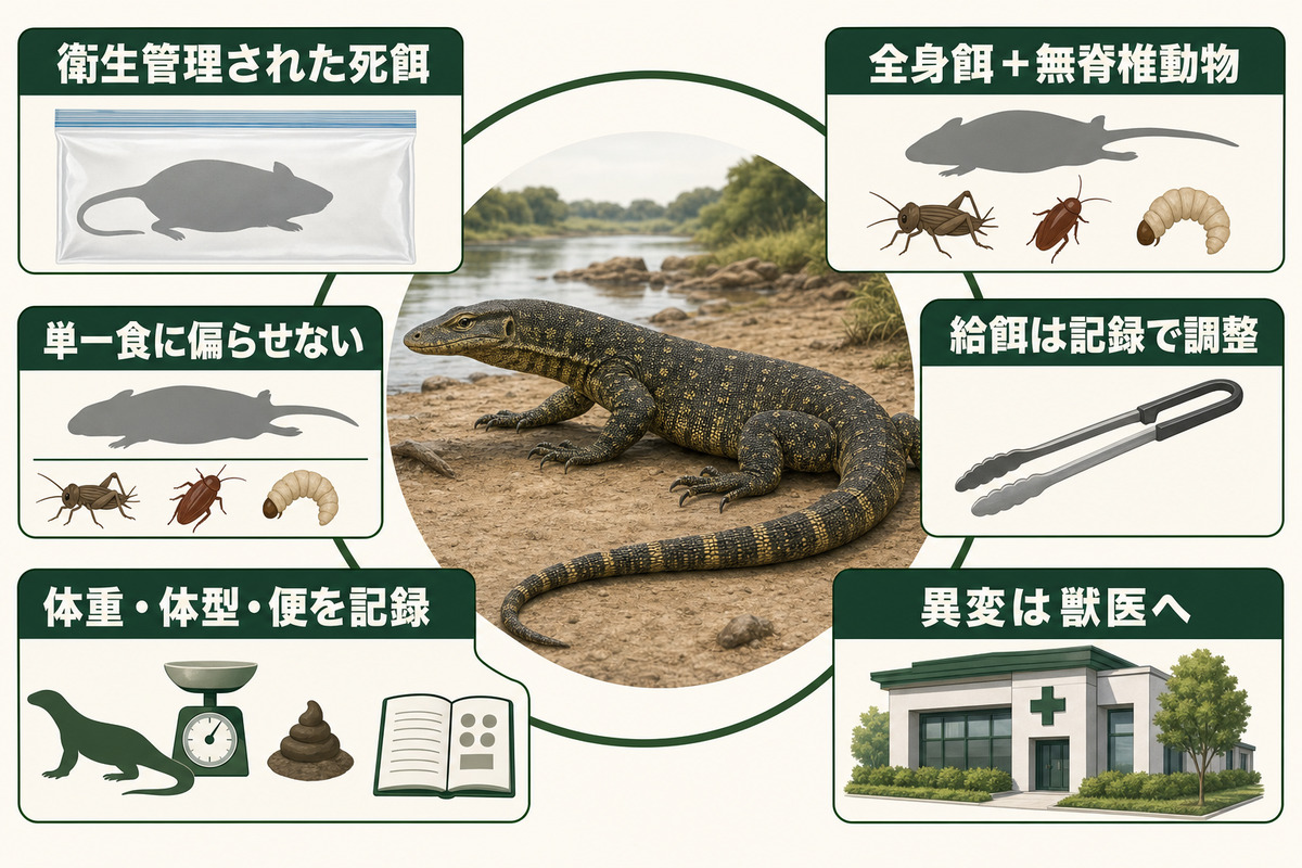 衛生管理された死餌と全身餌・無脊椎動物を用い、体重・体型・便の記録でナイルオオトカゲの給餌を調整するIMAGE2図解