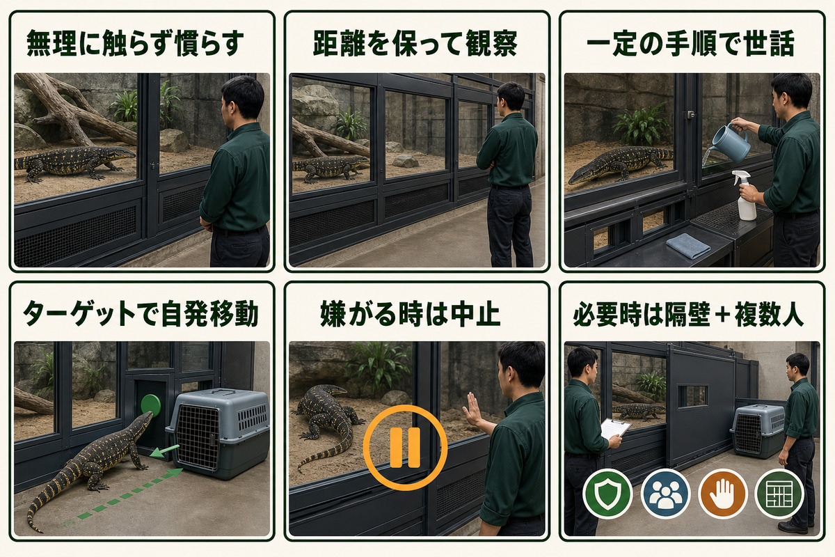 距離を保った観察、一定の世話、ターゲットによる自発移動、拒否時の中止、隔壁と複数人でナイルオオトカゲを安全に慣らすIMAGE2図解