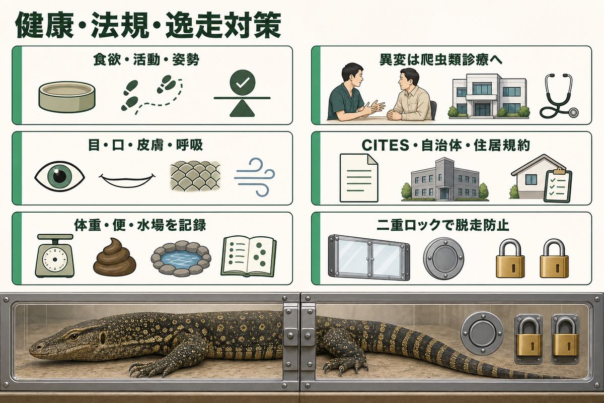 ナイルオオトカゲの健康観察、爬虫類診療、CITES・自治体・住居規約の確認、二重ロックを示すIMAGE2図解