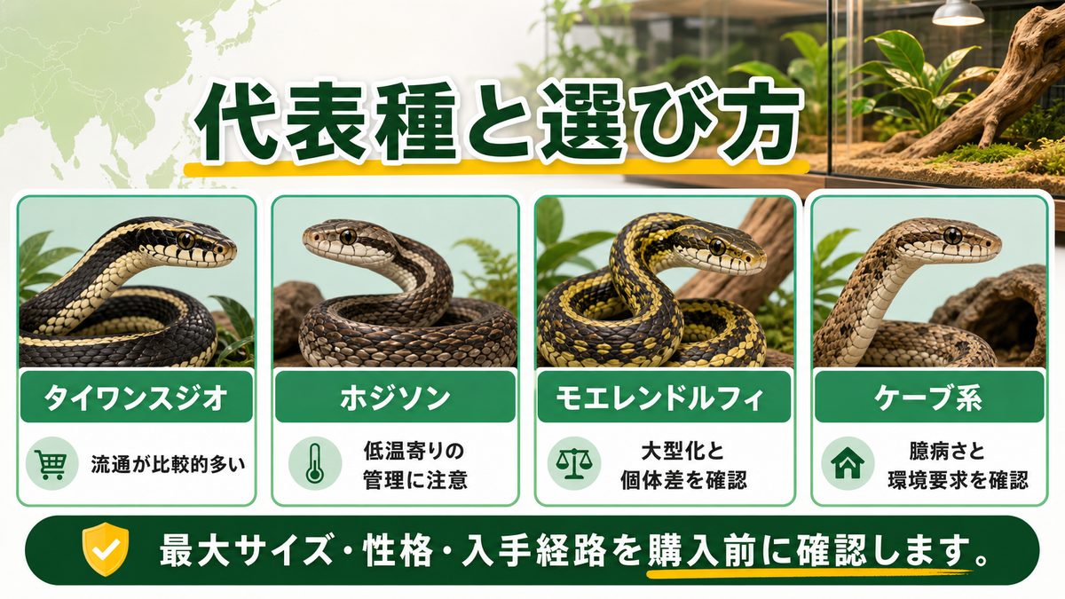 🦎 代表種の紹介と比較｜タイワンスジオ・ホジソン・モエレンドルフィの要点をまとめたカメレオン・爬虫類飼育インフォグラフィック