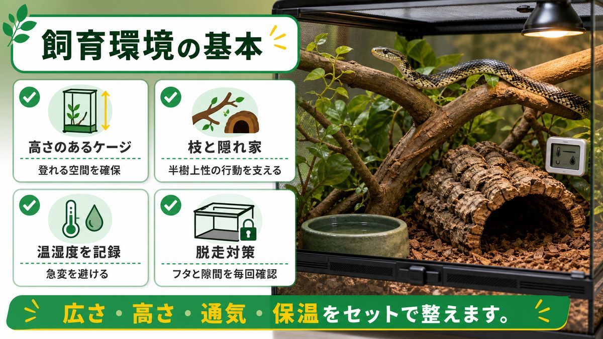 🏠 飼育環境設定｜ケージ・温度・湿度・半樹上性レイアウトの要点をまとめたカメレオン・爬虫類飼育インフォグラフィック