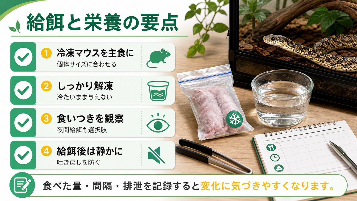 🍽️ 給餌と栄養｜冷凍マウス・ラット・エサ慣らしの要点をまとめたカメレオン・爬虫類飼育インフォグラフィック