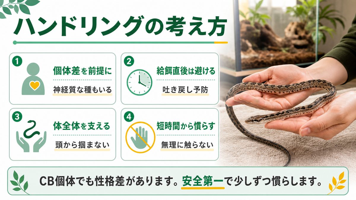 🤲 ハンドリングと性格｜神経質からフレンドリーまでの種別差の要点をまとめたカメレオン・爬虫類飼育インフォグラフィック