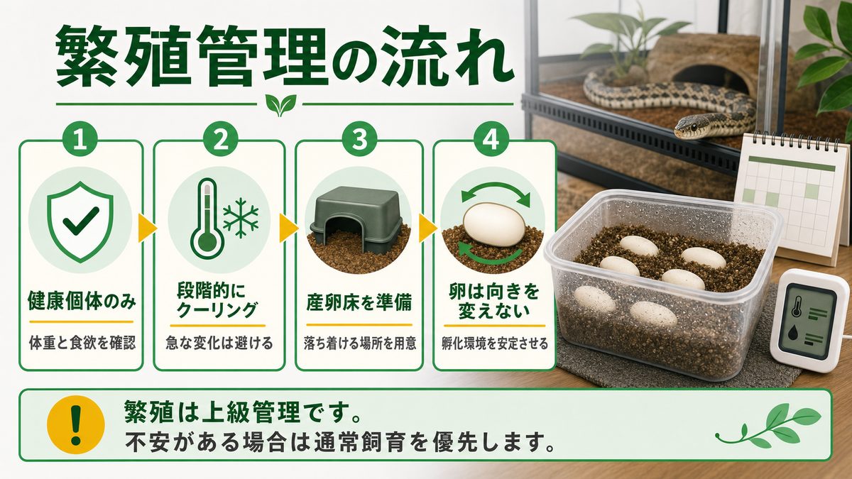 🥚 繁殖｜クーリング・産卵・孵化管理の手順の要点をまとめたカメレオン・爬虫類飼育インフォグラフィック