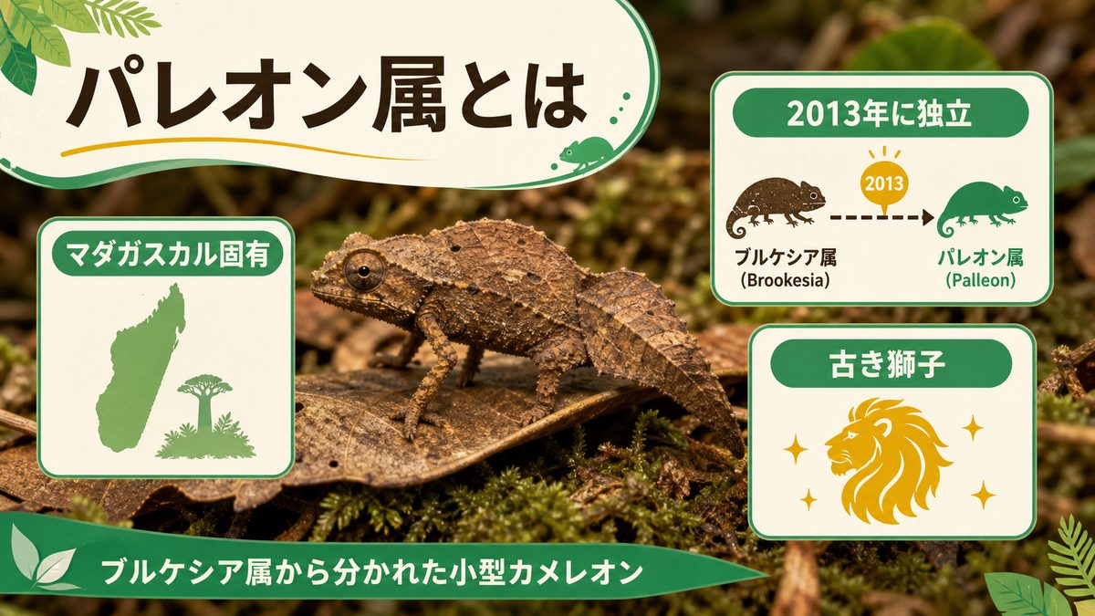 パレオン属(Palleon)とは|ブルケシアから独立した「古き獅子」の要点をまとめたカメレオン・爬虫類飼育インフォグラフィック