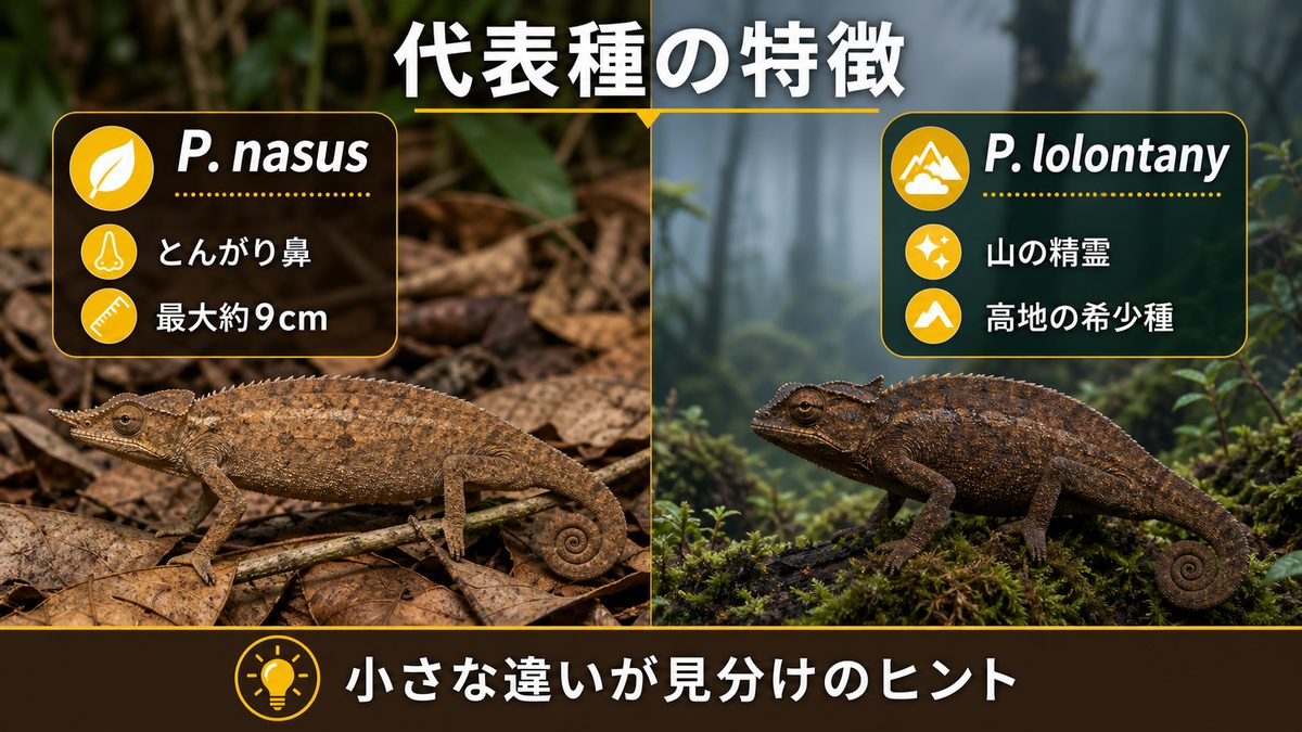 代表種ナースス&ロロンタニーの特徴|鼻の突起と山の精霊の要点をまとめたカメレオン・爬虫類飼育インフォグラフィック