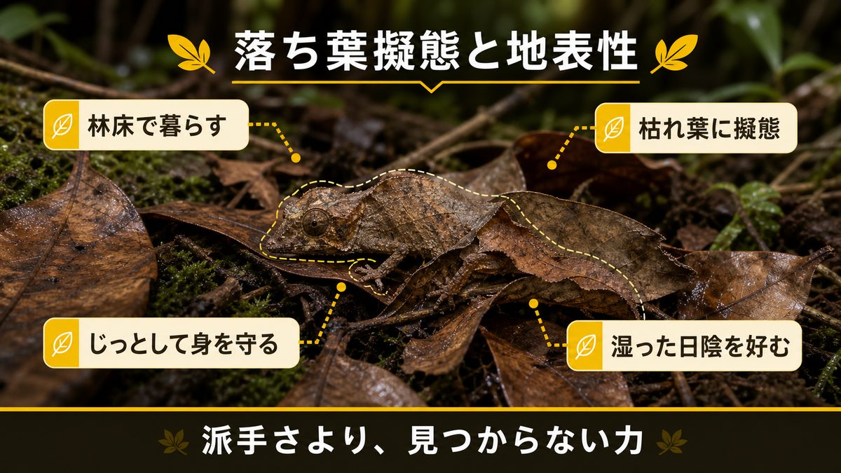落ち葉擬態と地表性の生態|枯れ葉になりきる小さな名優の要点をまとめたカメレオン・爬虫類飼育インフォグラフィック