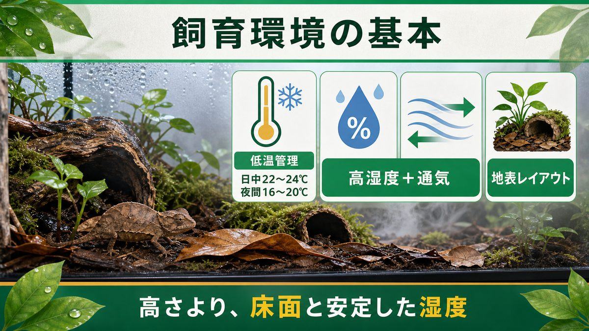 飼育環境のセットアップ|低温・高湿度・地表レイアウトが鍵の要点をまとめたカメレオン・爬虫類飼育インフォグラフィック