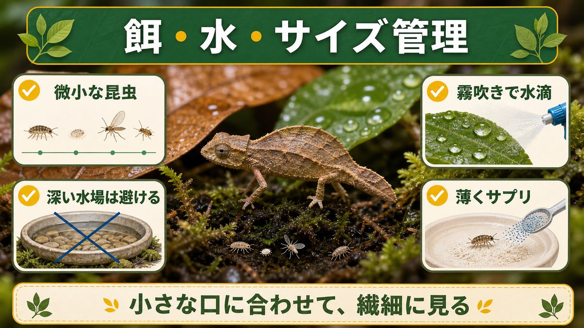餌・水・サイズに合わせた管理|小さな口に合わせる繊細さの要点をまとめたカメレオン・爬虫類飼育インフォグラフィック