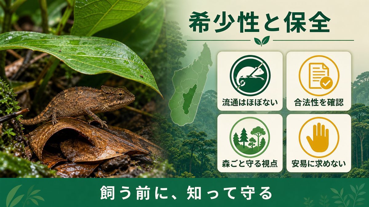 入手の難しさ・保全・迎える前の心構えの要点をまとめたカメレオン・爬虫類飼育インフォグラフィック