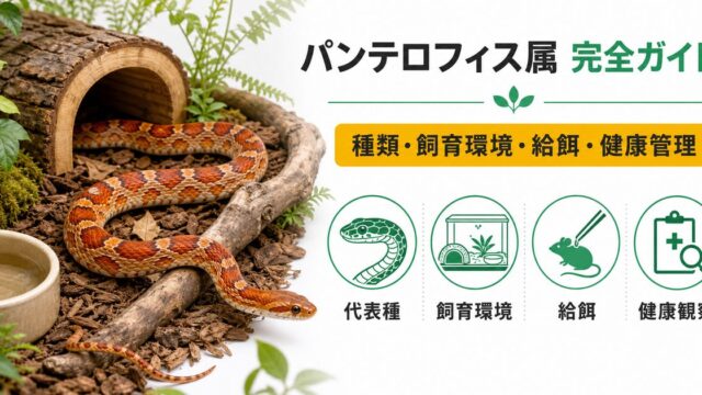 パンテロフィス属（Pantherophis）完全ガイド｜コーンスネーク・ブラックラットスネーク等北米ナメラ属の種類・特徴・飼育法を属レベルで解説の要点を伝えるカメレオン・爬虫類記事アイキャッチ画像