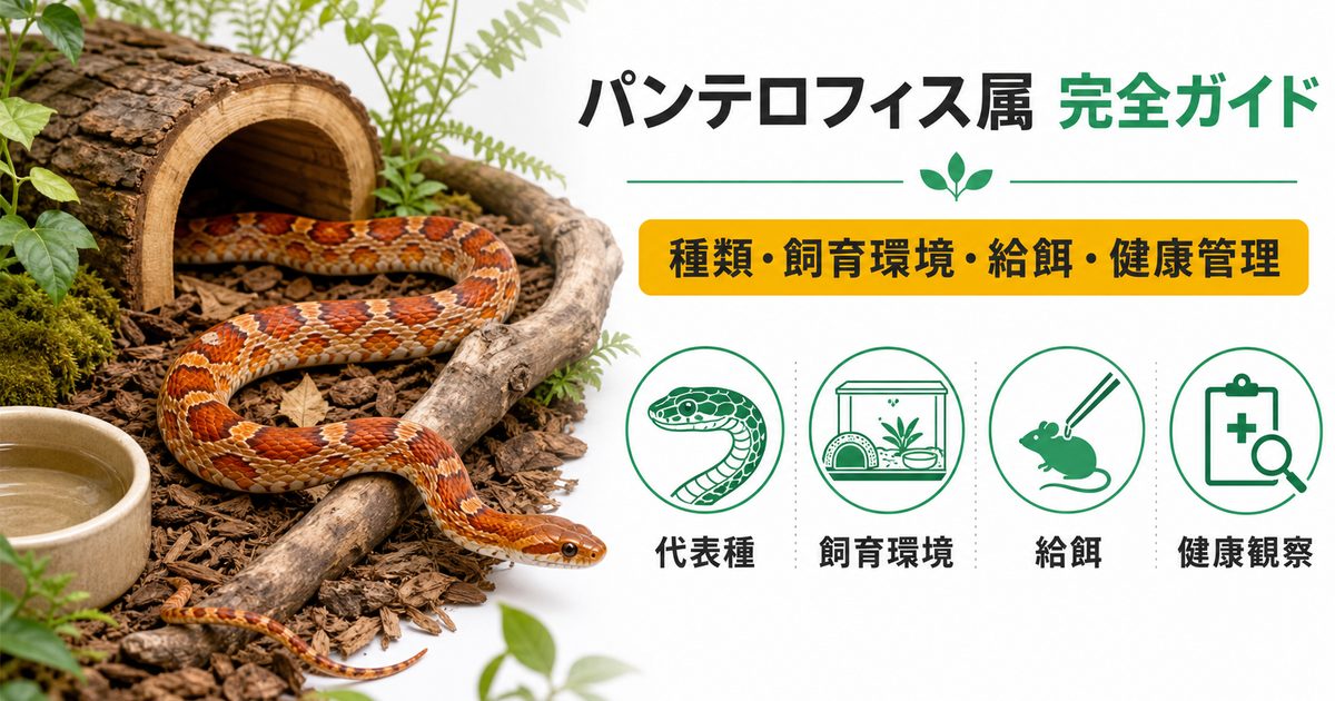 パンテロフィス属（Pantherophis）完全ガイド｜コーンスネーク・ブラックラットスネーク等北米ナメラ属の種類・特徴・飼育法を属レベルで解説の要点を伝えるカメレオン・爬虫類記事アイキャッチ画像