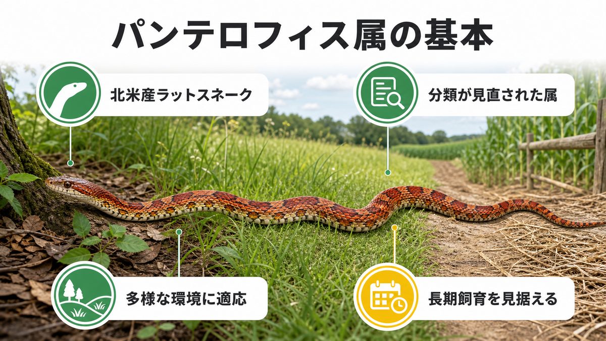 パンテロフィス属の基本情報と分類の歴史の要点をまとめたカメレオン・爬虫類飼育インフォグラフィック