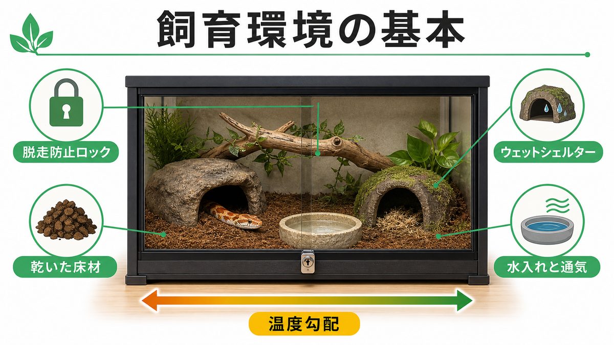 飼育環境のセッティングの要点をまとめたカメレオン・爬虫類飼育インフォグラフィック