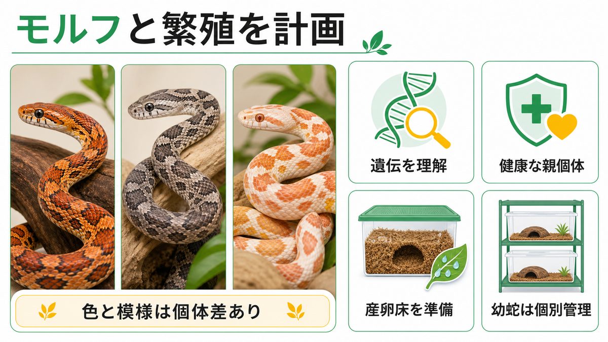 モルフと繁殖の要点をまとめたカメレオン・爬虫類飼育インフォグラフィック