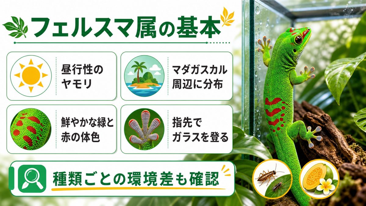 フェルスマ属とは？カラフルなデイゲッコーの世界の要点をまとめたカメレオン・爬虫類飼育インフォグラフィック