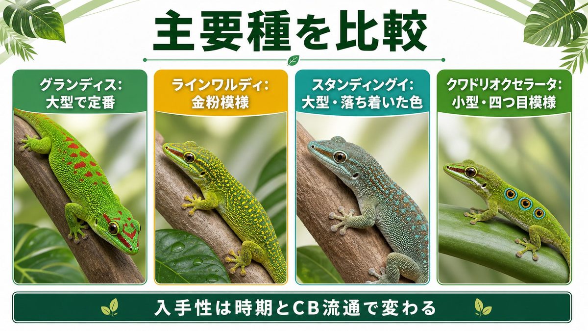 主要種の特徴と入手しやすさ比較の要点をまとめたカメレオン・爬虫類飼育インフォグラフィック
