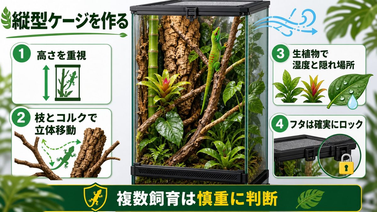 飼育環境の設定（ガラスケージ・縦型・生植物）の要点をまとめたカメレオン・爬虫類飼育インフォグラフィック