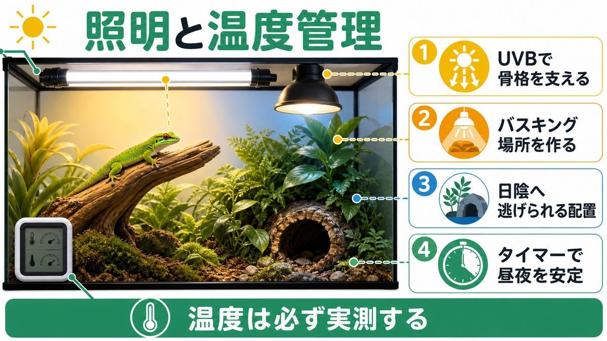 照明・UVBと温度管理のポイントの要点をまとめたカメレオン・爬虫類飼育インフォグラフィック