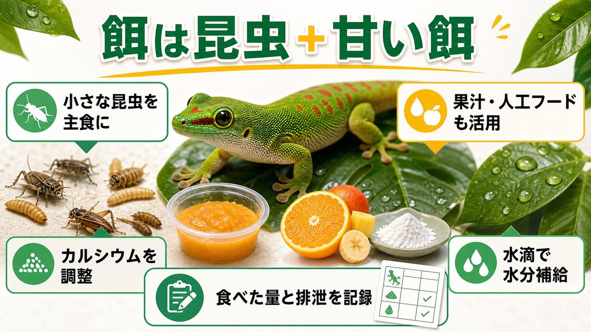 食性と餌の種類（昆虫＋果汁＋人工フード）の要点をまとめたカメレオン・爬虫類飼育インフォグラフィック