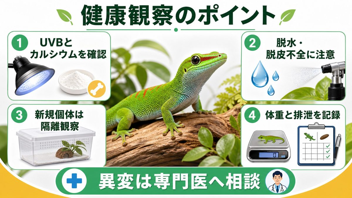 よくある疾患と注意点の要点をまとめたカメレオン・爬虫類飼育インフォグラフィック