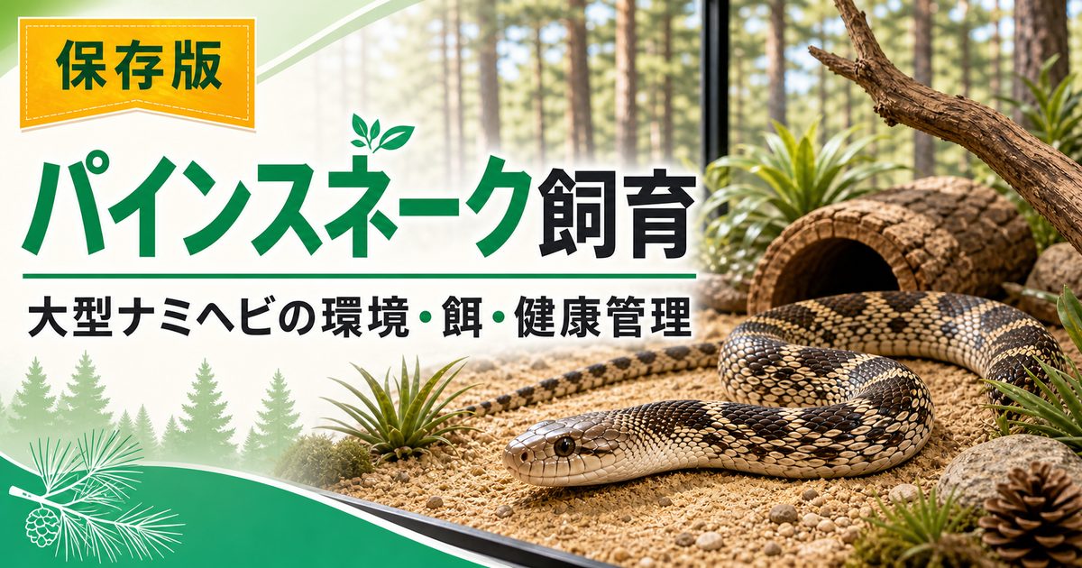 パインスネーク（Pituophis melanoleucus）飼育完全ガイド！大型ナミヘビの特徴・ケージ・餌・モルフ・寿命を徹底解説の要点を伝えるカメレオン・爬虫類記事アイキャッチ画像