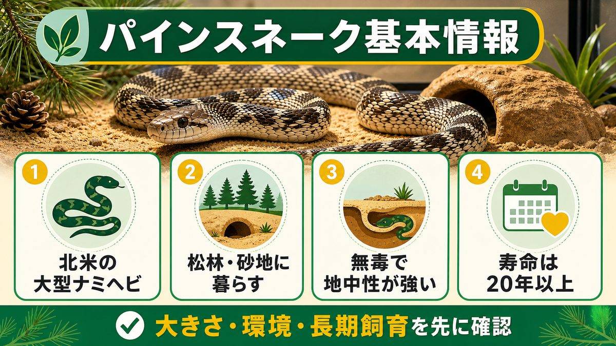 🦎 パインスネークの基本情報の要点をまとめたカメレオン・爬虫類飼育インフォグラフィック