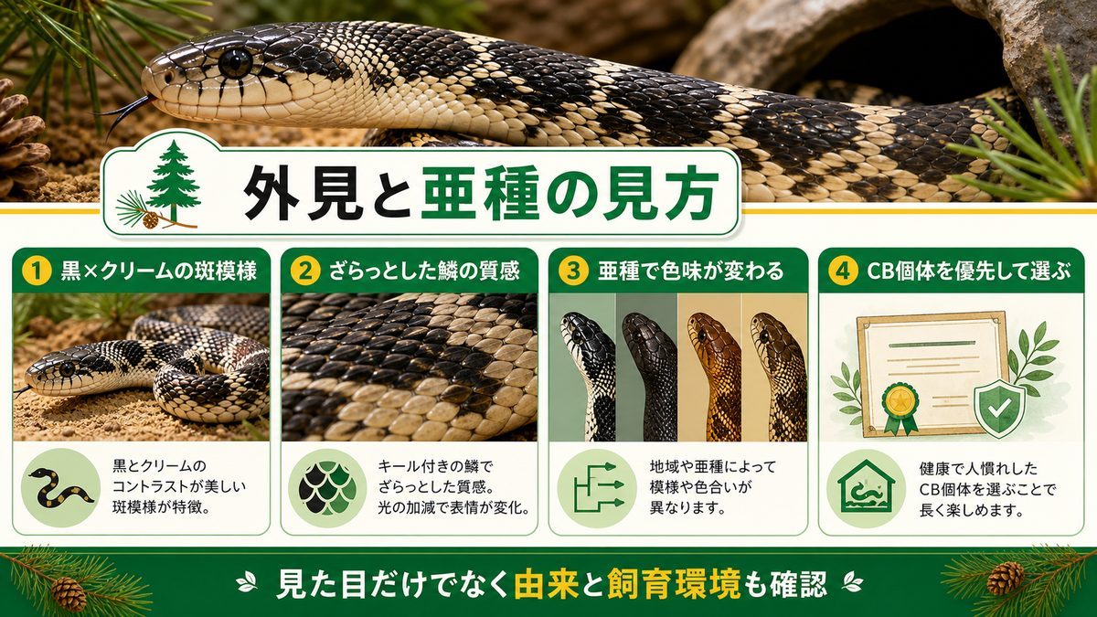 🐍 外見の特徴と亜種についての要点をまとめたカメレオン・爬虫類飼育インフォグラフィック