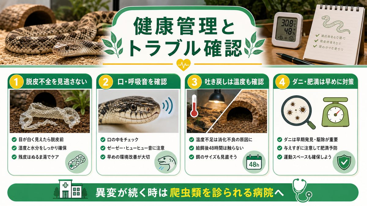 🏥 健康管理と注意すべきトラブルの要点をまとめたカメレオン・爬虫類飼育インフォグラフィック