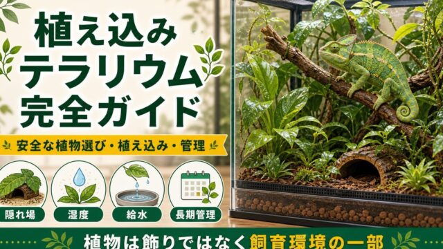 植物を植え込んだテラリウム完全ガイド｜生体に安全な観葉植物の選び方・植え込み・管理を徹底解説の要点を伝えるカメレオン・爬虫類記事アイキャッチ画像