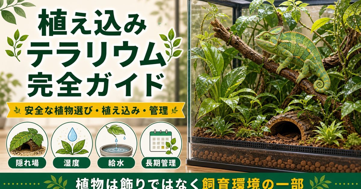 植物を植え込んだテラリウム完全ガイド｜生体に安全な観葉植物の選び方・植え込み・管理を徹底解説の要点を伝えるカメレオン・爬虫類記事アイキャッチ画像