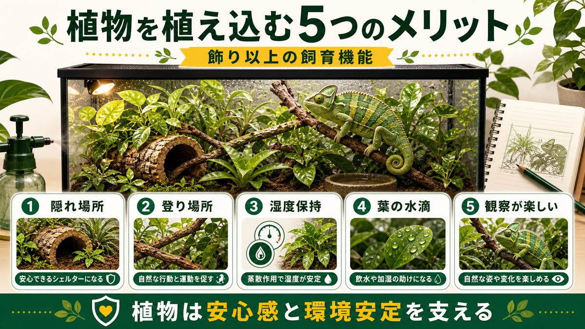 植物を植え込む5つのメリットの要点をまとめたカメレオン・爬虫類飼育インフォグラフィック