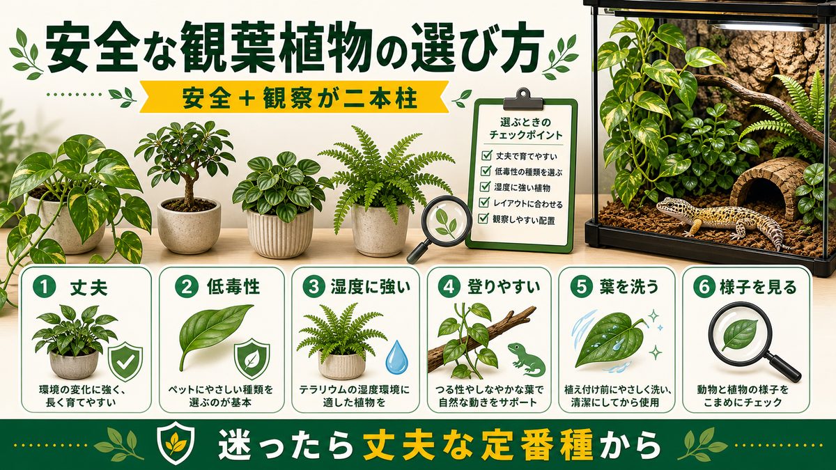 生体に安全な観葉植物の選び方の要点をまとめたカメレオン・爬虫類飼育インフォグラフィック