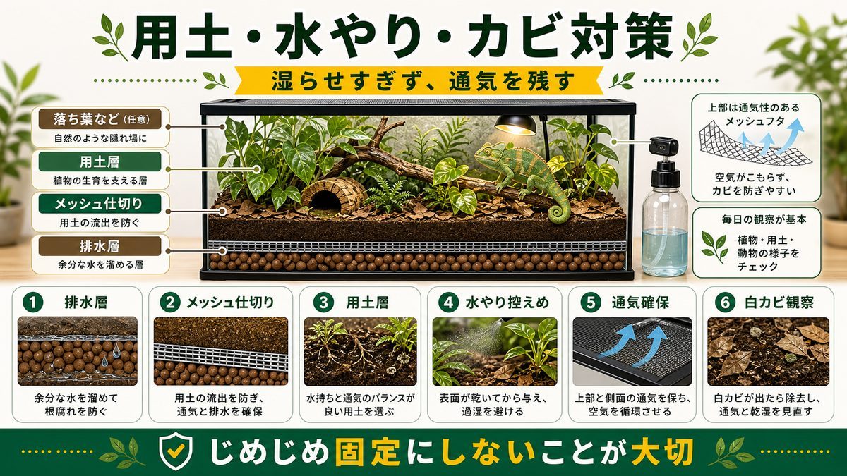 用土・水やり・カビ対策の実践の要点をまとめたカメレオン・爬虫類飼育インフォグラフィック