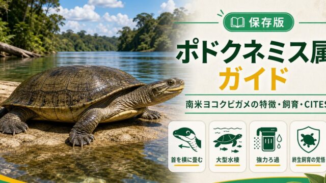 ポドクネミス属（南米ヨコクビガメ）完全ガイド｜オオヨコクビ・黄斑ヨコクビの飼育・CITESの要点を伝えるカメレオン・爬虫類記事アイキャッチ画像