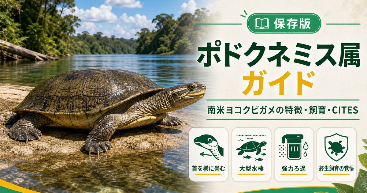 ポドクネミス属（南米ヨコクビガメ）完全ガイド｜オオヨコクビ・黄斑ヨコクビの飼育・CITESの要点を伝えるカメレオン・爬虫類記事アイキャッチ画像