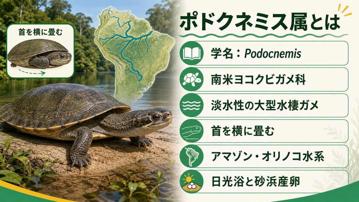 ポドクネミス属（南米ヨコクビガメ）とはの要点をまとめたカメレオン・爬虫類飼育インフォグラフィック