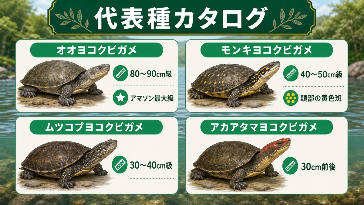 代表種カタログ（オオヨコクビ・黄斑ヨコクビほか）の要点をまとめたカメレオン・爬虫類飼育インフォグラフィック