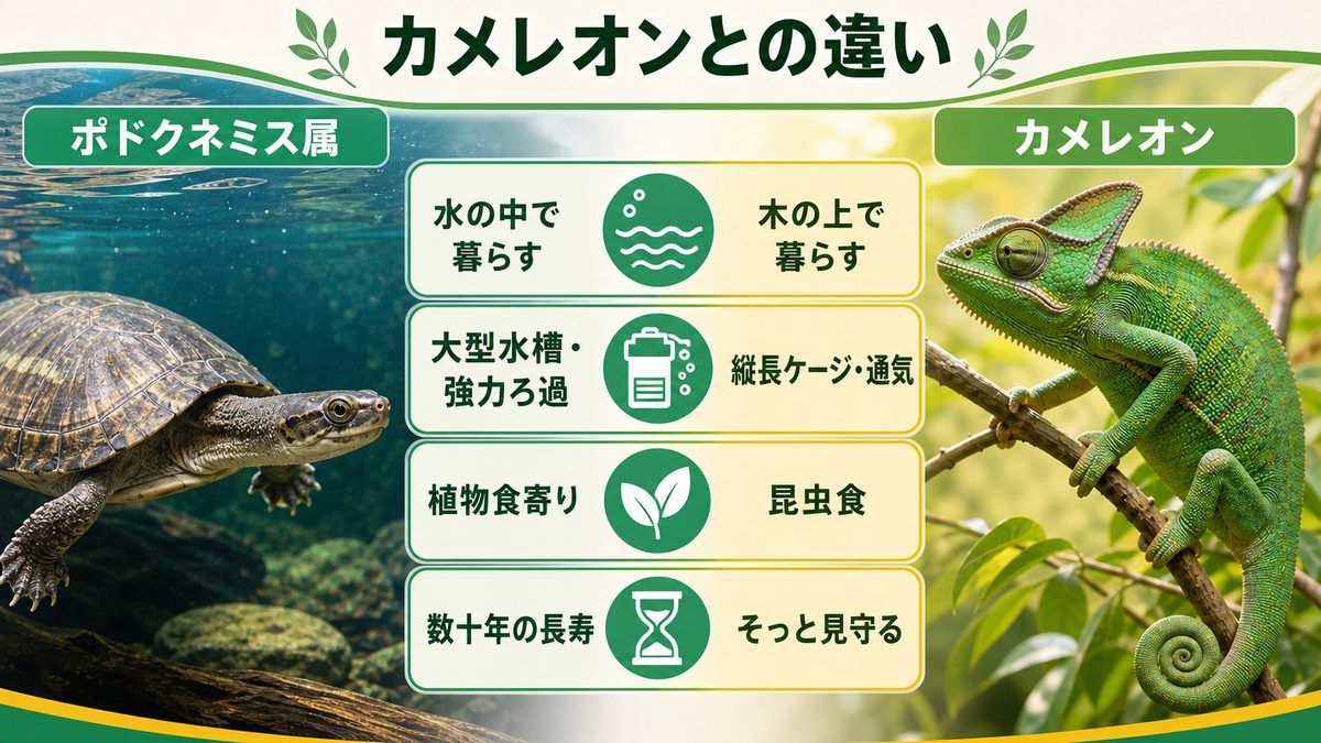 カメレオン（ぺぺ君）との違いの要点をまとめたカメレオン・爬虫類飼育インフォグラフィック