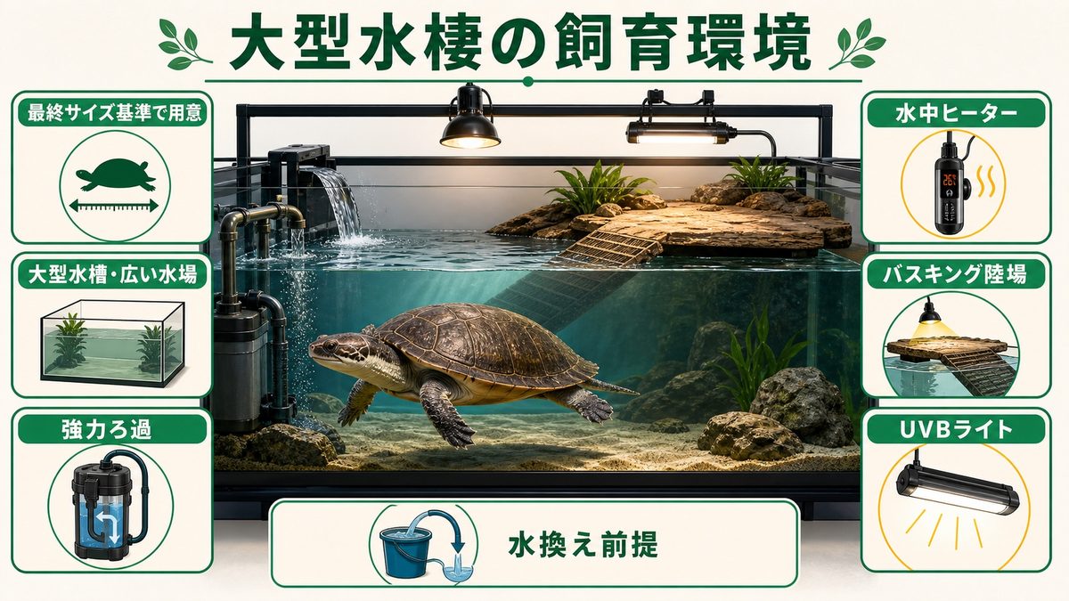 大型水棲の飼育環境（水槽・ろ過・水温）の要点をまとめたカメレオン・爬虫類飼育インフォグラフィック