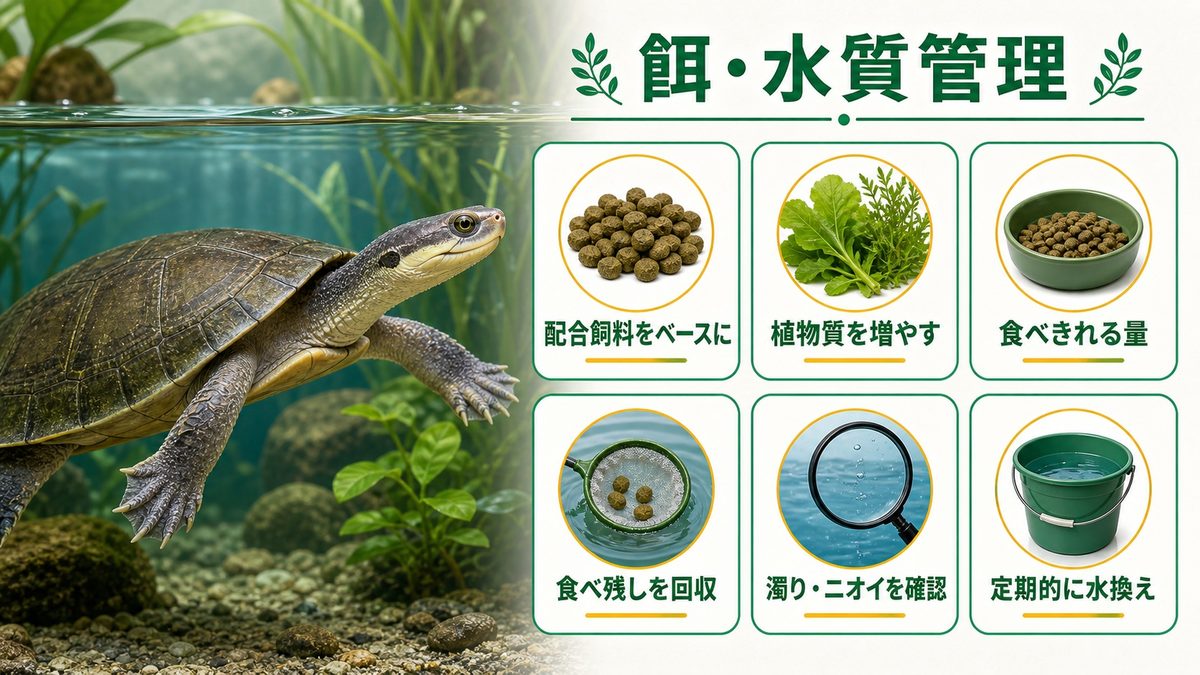 餌・水質管理の要点をまとめたカメレオン・爬虫類飼育インフォグラフィック