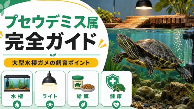 プセウデミス属（Pseudemys）完全ガイド｜北米クーター・ペンテッドタートルの種類・特徴・大型水棲飼育法を属レベルで解説の要点を伝えるカメレオン・爬虫類記事アイキャッチ画像
