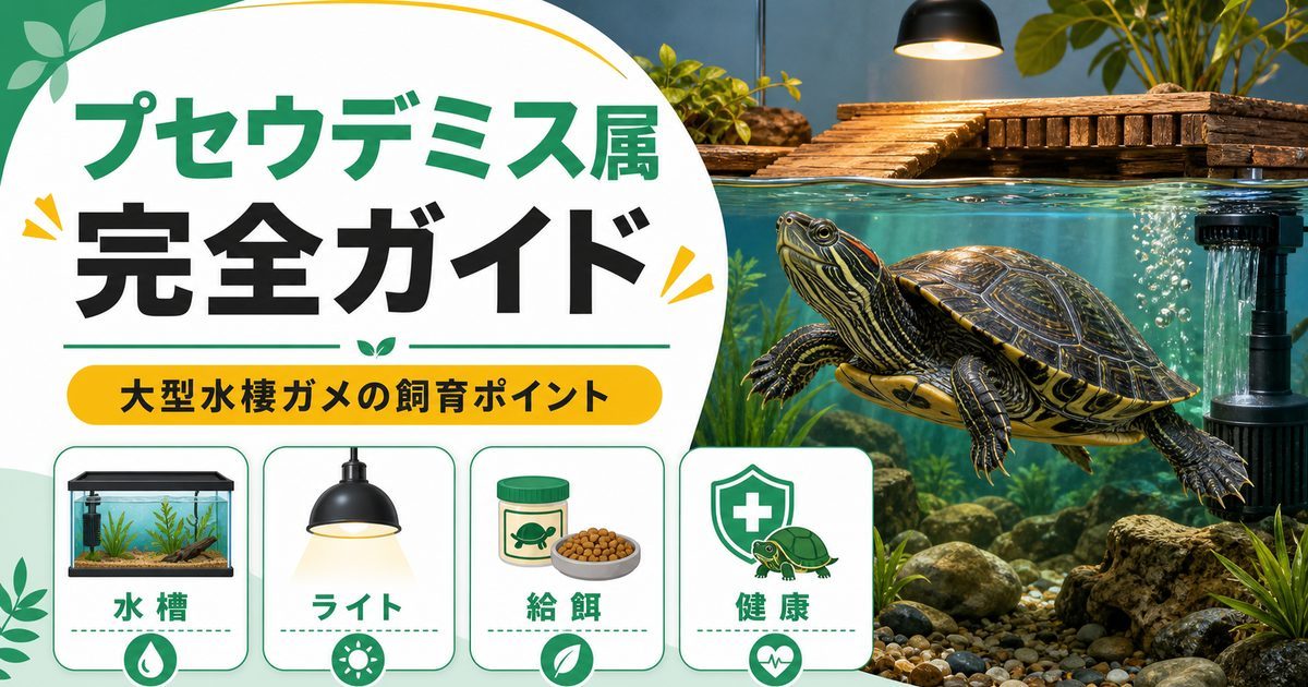 プセウデミス属（Pseudemys）完全ガイド｜北米クーター・ペンテッドタートルの種類・特徴・大型水棲飼育法を属レベルで解説の要点を伝えるカメレオン・爬虫類記事アイキャッチ画像