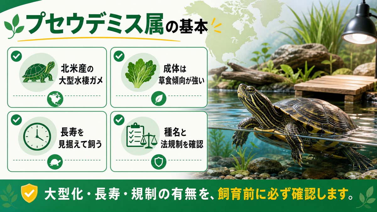プセウデミス属（Pseudemys）の基本情報の要点をまとめたカメレオン・爬虫類飼育インフォグラフィック