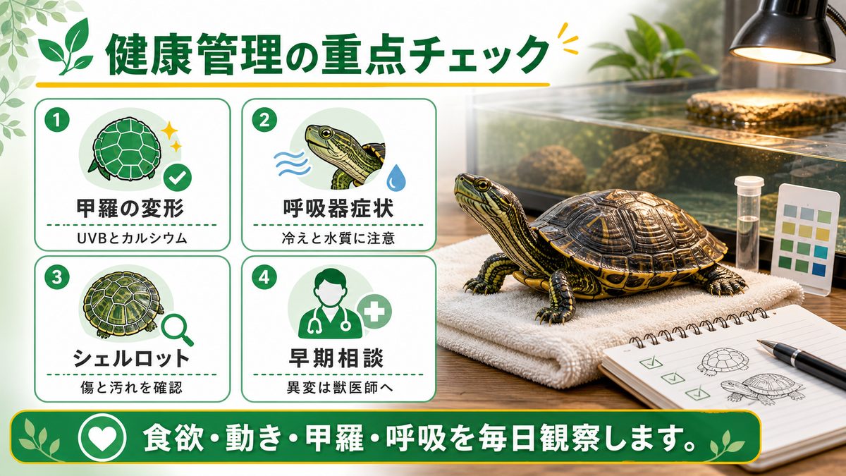 健康管理とよくある疾患の要点をまとめたカメレオン・爬虫類飼育インフォグラフィック