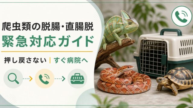 爬虫類の脱腸・直腸脱を発見した際の病院連絡と安全な搬送を示す記事アイキャッチ