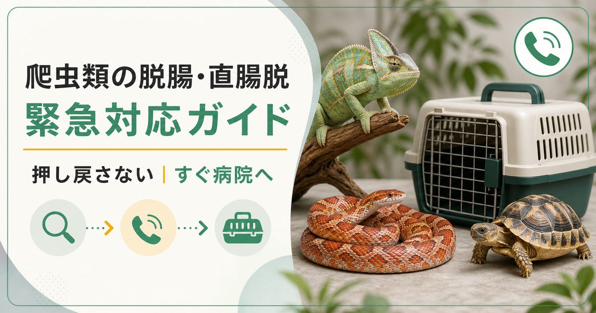 爬虫類の脱腸・直腸脱を発見した際の病院連絡と安全な搬送を示す記事アイキャッチ