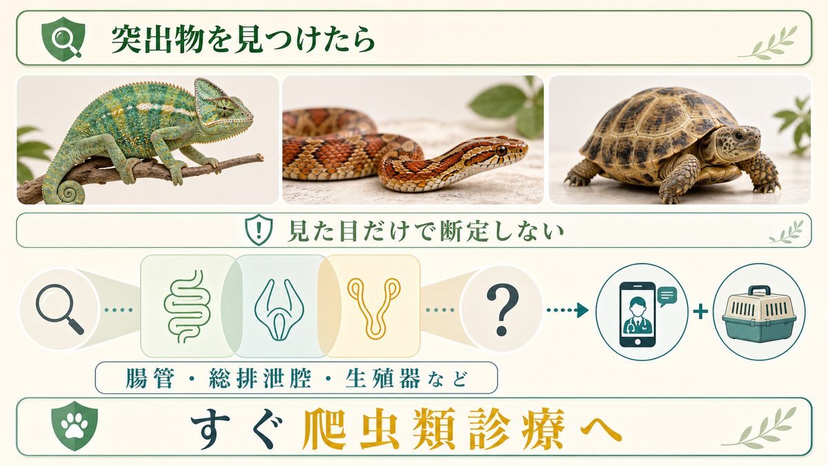 爬虫類の突出物を見た目だけで断定せず、腸管・総排泄腔・生殖器などを動物病院で確認する判断図